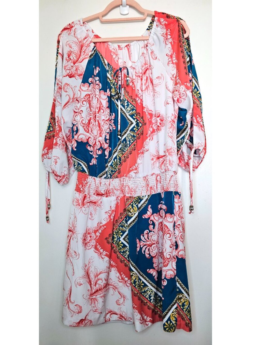 Vintage Cache Colorful Off Shoulder Split Sleeve Mini Dress Tunic Cover Up XL